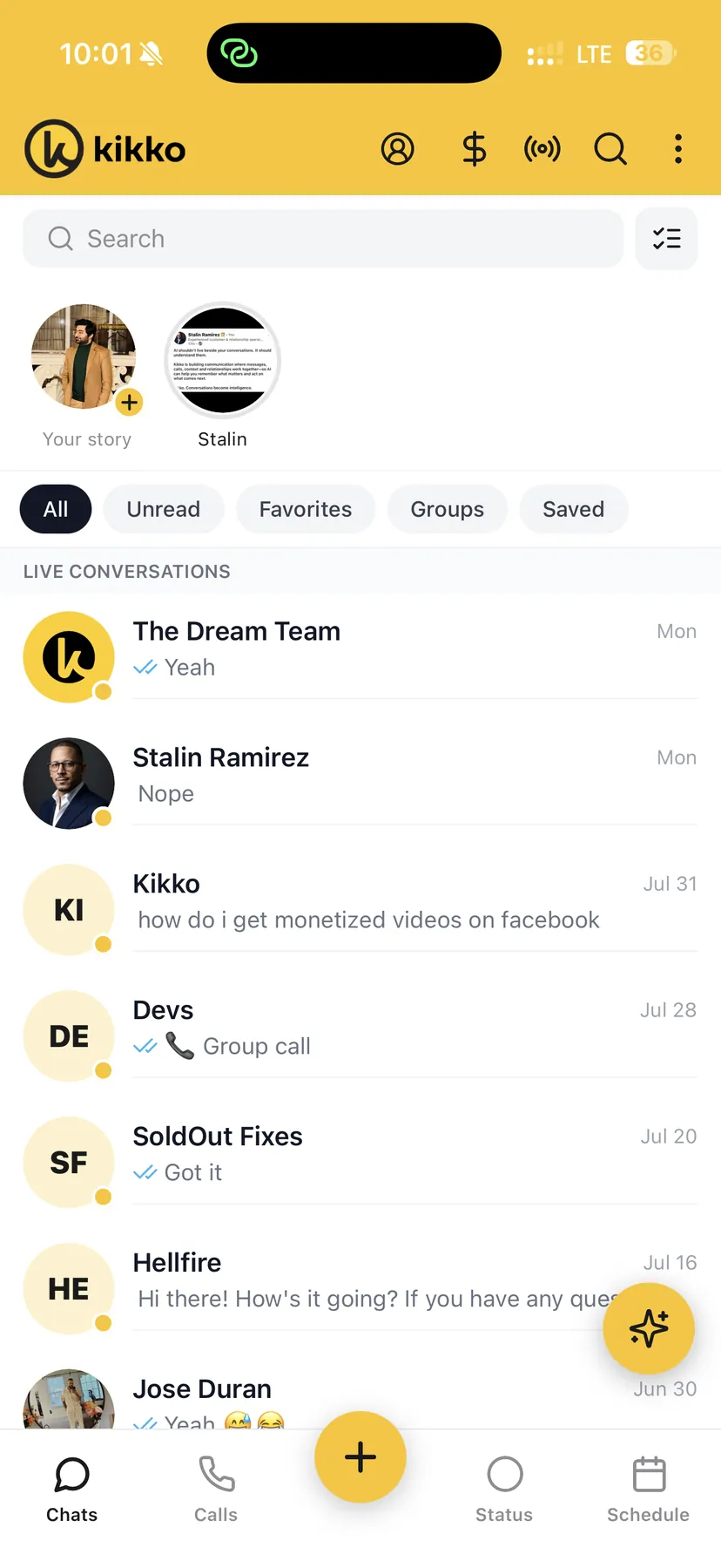 Conversations screen from Kikko Mobile App